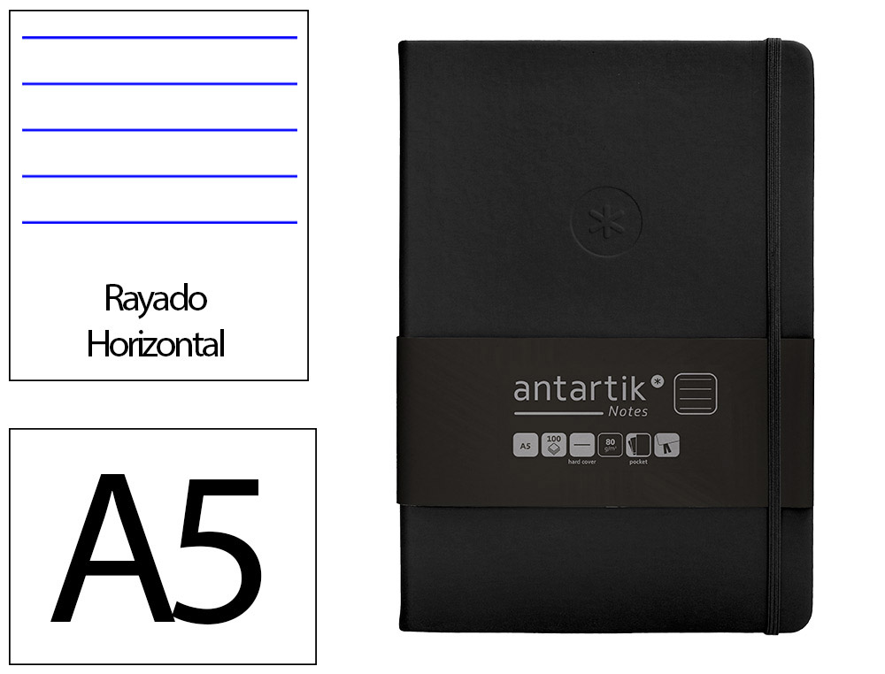 CUADERNO CON GOMILLA ANTARTIK NOTES TAPA DURA A5 HOJAS RAYAS NEGRO 100 HOJAS 80 GR FSC