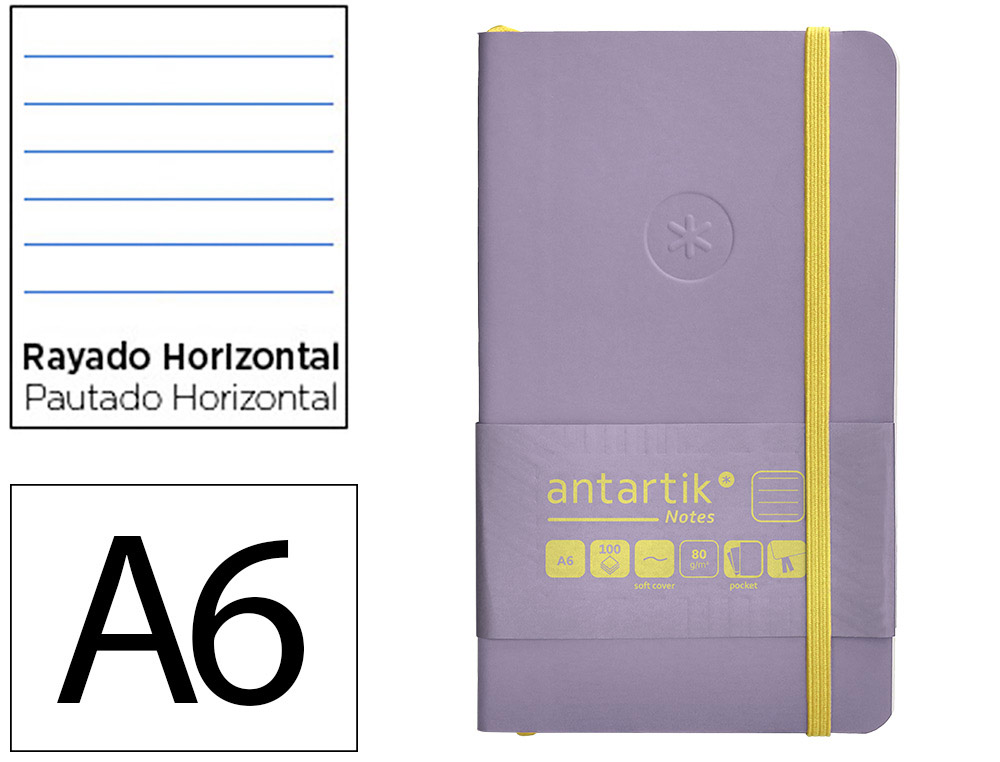 CUADERNO CON GOMILLA ANTARTIK NOTES TAPA BLANDA A6 RAYAS MORADO Y AMARILLO 100 HOJAS 80 GR FSC