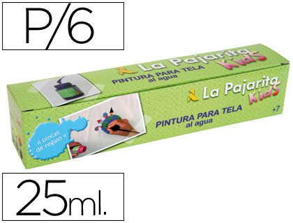 PINTURA PARA TELA LA PAJARITA KIDS 25 ML CAJA DE 6 UNIDADES COLORES SURTIDOS + PINCEL